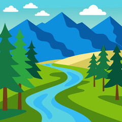 Fototapeta premium Nature forest at daytime scene with long river flowing through the meadow vector landscape background.
