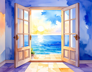 海のそばの家のドアから見る夕日　水彩画風