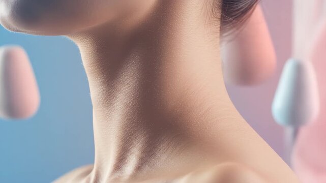 Close up of a womans neck and shoulders, showcasing smooth skin and delicate features, emphasizing beauty and femininity in a soft, sensual, and elegant studio setting