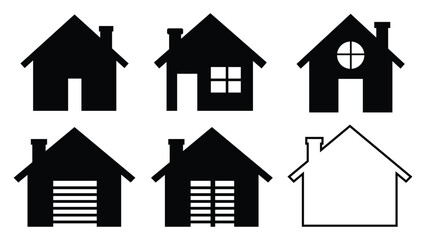 Icon Set Vector of Simple House Building with Garage Door and Minimalist Style Black Design
