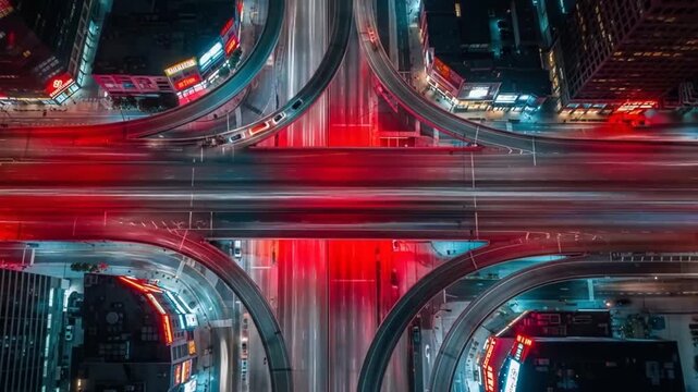 Aerial view of a busy highway interchange at night with blurred car light trails in red and white.
