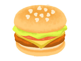 Illustration of a burger with cheese, lettuce, tomato and a sesame seed bun.
