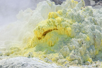 Vibrant Sulfur Crystals Formed by Volcanic Gas Emissions, Mount Lo, Hokkaido, Japan