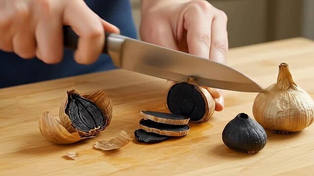 slicing black garlic on wooden board in kitchen