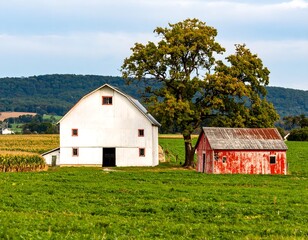 Obraz premium Two barns in a field under a cloudy sky