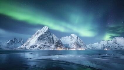 Arctic Norway night, aurora borealis over snowy mountains, fjord village