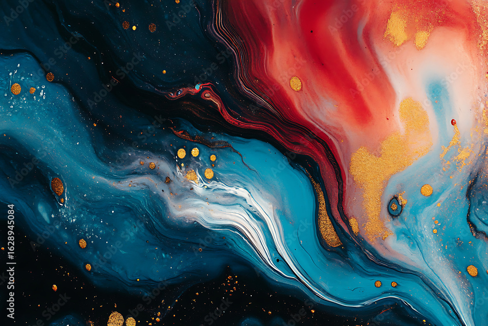 Poster swirling abstract patterns of blue, red, and gold create a captivating visual experience in an artis