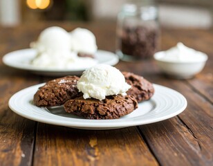 Chocolate cookies on top of ice cream and accessories on the table, with soft light from the room lamp.