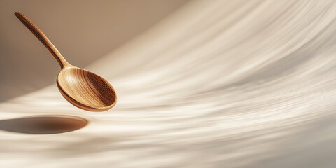 Wooden spoon gracefully floats against soft, flowing background, creating serene and modern artistic impression. warm tones and gentle shadows enhance elegant simplicity of scene