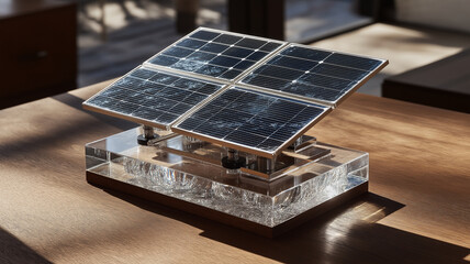 Model of next generation solar cells is displayed on clear tabletop, capturing sunlight in modern setting. innovative design highlights advancements in solar technology, emphasizing sustainability