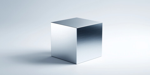 Realistic 3D illustration of metallic cube with smooth, reflective surface casting soft shadow on light background. minimalist design evokes sense of modernity and simplicity
