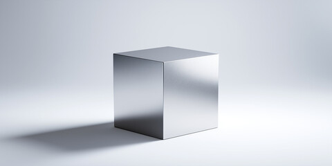 Fototapeta premium Metallic cube with smooth surface is placed on light background, casting soft shadow. minimalist design and reflective texture create modern and sleek appearance