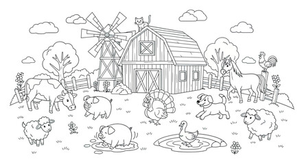Naklejka premium Farm Animal Vector Illustration with Barn Windmill and Pastoral Elements in Line Art Style