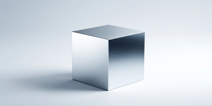 Realistic 3D illustration of metallic cube with smooth, reflective surface casting soft shadow on light background. minimalist design evokes sense of modernity and simplicity