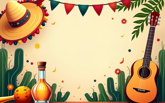 Viva mexico mexican independence day banner with sombrero, tequila and guitar, maracas and flowers. Vector holiday celebration greeting card with traditional jalapeno peppers, flag garland and hat