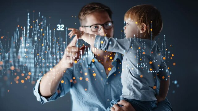 Father and Son Using Digital Touch Technology for Interaction with ai generated