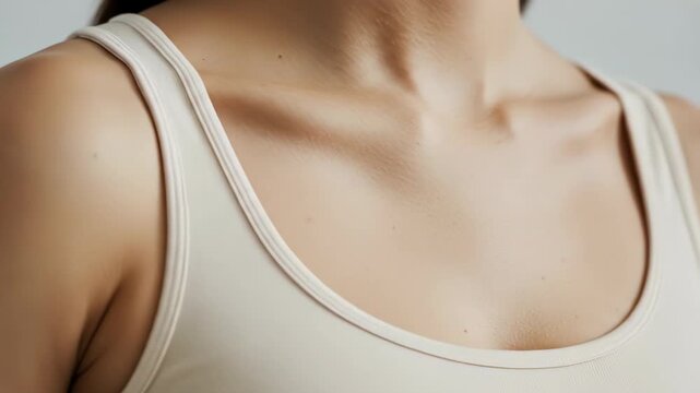 Closeup shot of a womans clavicle and dcollet in a studio setting, showcasing her healthy and toned skin, perfect for beauty, health, and fitness related content around 190 characters