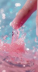 Fototapeta premium Pink water droplet splash, fingertip touch, poolside, bokeh background; skincare ad