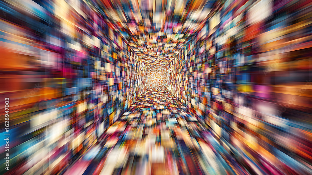 Poster vibrant abstract artwork depicting a dynamic tunnel of colors and shapes, creating a sense of depth 
