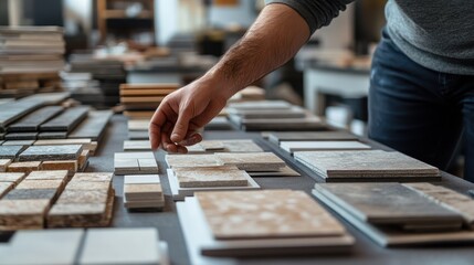 Man selecting tiles, showroom, interior design, background blurred