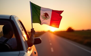 Waving the Mexico flag against the sunrise or sunset from a car driving along a country road. Holding the Mexico flag, traveling by car, on a weekend trip. High quality