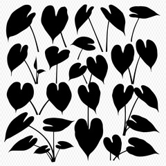 A collection of black silhouettes showing various heart-shaped leaves and small plants on a checkered background. © Adji
