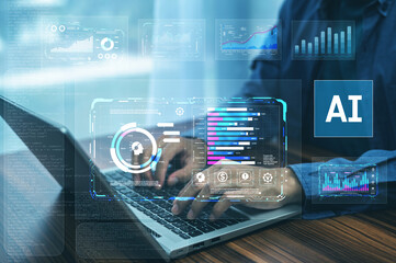 Businessman using technology AI data analysis for financial forecasting, enhancing decision-making...