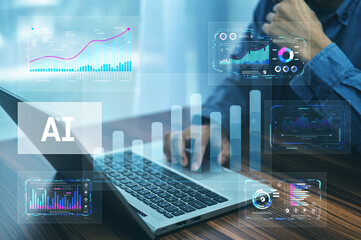 Businessman using technology AI data analysis to monitor sales performance, improve customer...