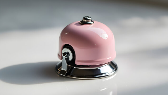 A sleek baby pink classic bicycle bell with chrome base and rounded form, positioned at 45-degree angle, soft reflections on a pristine white surface, showcasing retro design and metallic charm