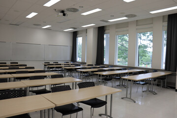 School and class with school desk and windows. Education and classroom.	