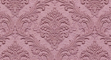 Embossed mauve damask pattern with ornate acanthus scrolls on a cracked texture background.