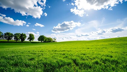 Lush green field under a vibrant blue sky