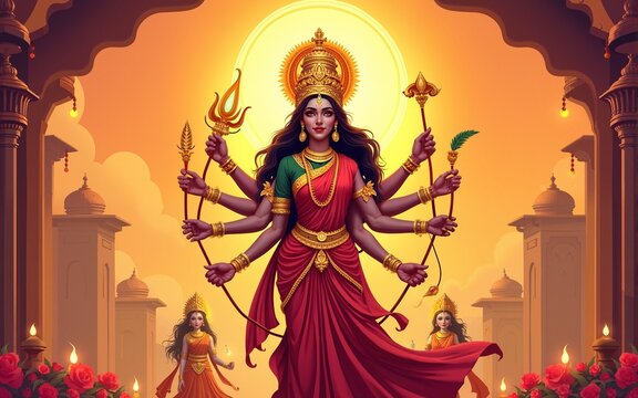 Happy Navratri wishes, concept art of Navratri, illustration of 9 avatars of goddess Durga, Chandraghanta Devi. High quality