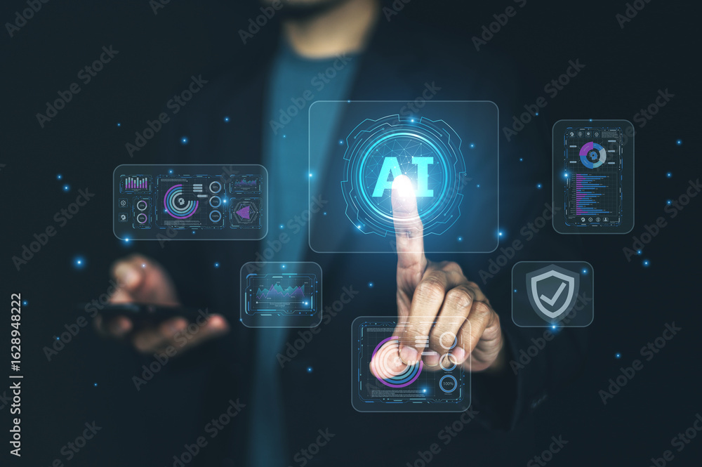 Poster businessman holding ai technology hologram interface with futuristic data visualization, representin