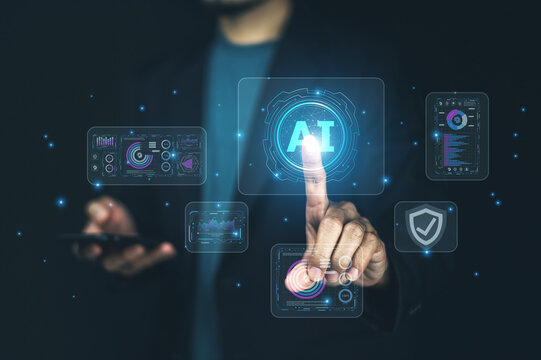 Businessman holding AI technology hologram interface with futuristic data visualization, representing innovation, digital transformation, and advanced artificial intelligence solutions.