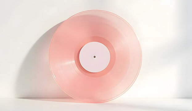 A baby pink vinyl record with a minimal center label, soft shine, and subtle shadow, isolated on a pure white background, perfect for music design, retro themes, and modern minimalist visuals