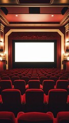 Fototapeta premium Empty red seats in a grand movie theater facing a bright screen