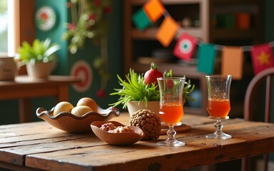 Wooden table with mexican decorations, from Mexico's independence day. High quality