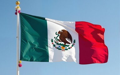 Mexican flag held on the flagpole, waving, with symbolic colors and adorned, to celebrate any traditional Mexican or patriotic date. National flag. High quality