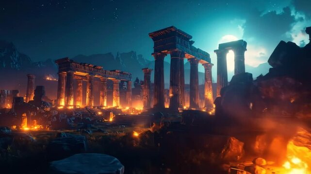 Ruins of a classical temple illuminated by fires and moonlight at night.