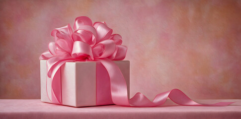 Elegant gift box with a large pink ribbon bow on a textured pastel background