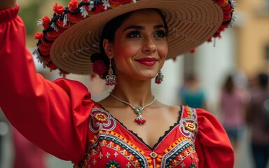 close up Latin woman dancer wearing traditional Mexican dress. High quality