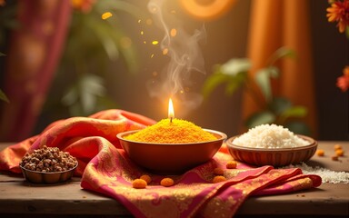 oti bharne - Indian ritual of offering a sari and a blouse piece along with coconut, haldi kumkum, bangles, mangalsutra and rice. At the time of navratri to goddes or married woman. High quality