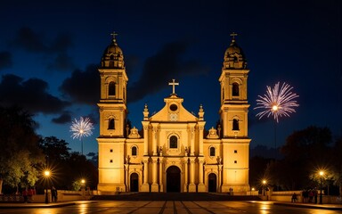 Vista nocturna de la fachada de la catedral de Morelia en el estado de Michoacan Mexico.Al fondo se ven fuegos artificiales. High quality