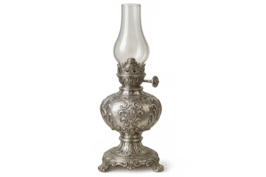 Silver vintage oil lamp gleaming with ornate detailing, reflecting historical craftsmanship against transparent backdrop