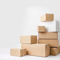 Fototapeta premium Cardboard boxes stacked, studio shot, white background, storage, e-commerce (1)
