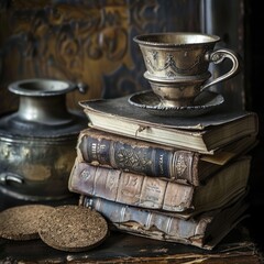 Antique silver cup on old books, dark wood background, still life, home decor