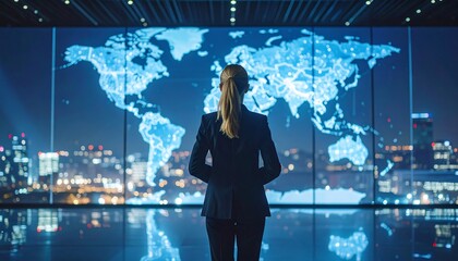 Woman views global network map