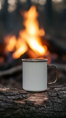 Cozy Camping Scene with White Mug and Warm Campfire Flames