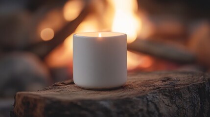 Simple White Candle on Log with Warm Campfire Glow in Background